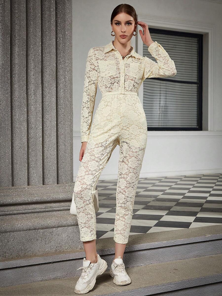 Eilly Bazar Button Front Lace Shirt Jumpsuit - Beige - View 1