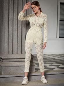 Eilly Bazar Button Front Lace Shirt Jumpsuit - Beige - View 3