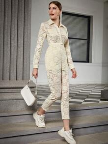 Eilly Bazar Button Front Lace Shirt Jumpsuit - Beige - View 4
