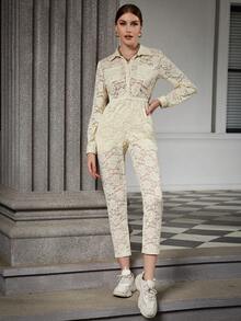 Eilly Bazar Button Front Lace Shirt Jumpsuit - Beige - View 5