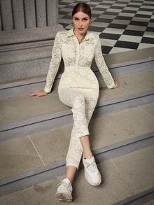 Eilly Bazar Button Front Lace Shirt Jumpsuit - Beige - View 6
