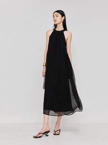 實心領口連身裙 - 黑色 - 查看 3