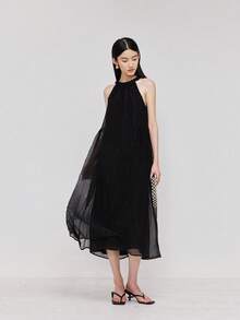 實心領口連身裙 - 黑色 - 查看 4