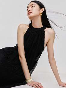 實心領口連身裙 - 黑色 - 查看 5