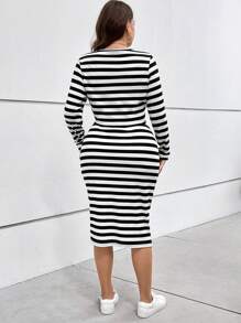 SHEIN Essnce Plus Striped Print Tee & Skirt - Black and White - View 2