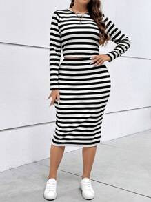 SHEIN Essnce Plus Striped Print Tee & Skirt - Black and White - View 3