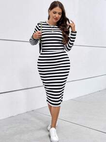 SHEIN Essnce Plus Striped Print Tee & Skirt - Black and White - View 4