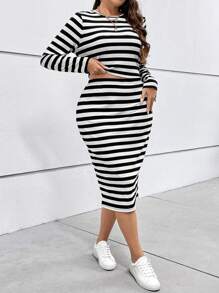 SHEIN Essnce Plus Striped Print Tee & Skirt - Black and White - View 1