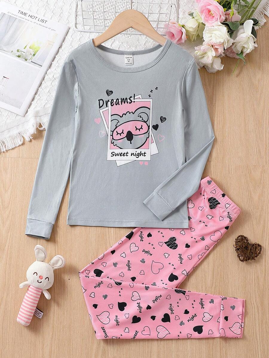 女大童卡通圖案T恤和褲子緊身睡衣套裝 - 彩色 - 查看 1