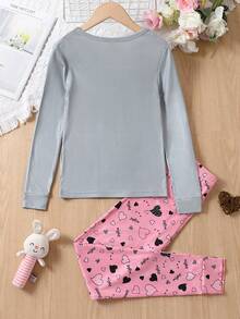 女大童卡通圖案T恤和褲子緊身睡衣套裝 - 彩色 - 查看 2