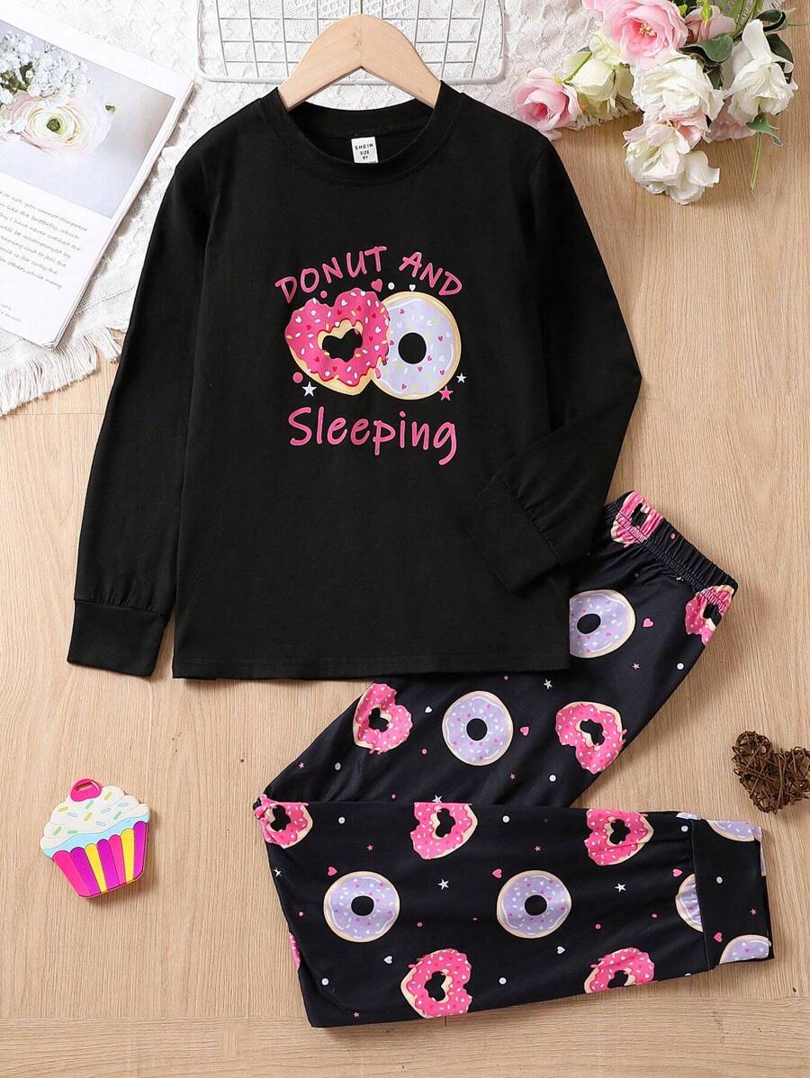 女大童甜甜圈和字母圖形睡衣套裝 - 黑色 - 查看 1