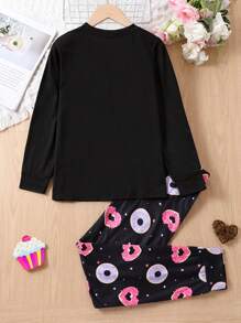 女大童甜甜圈和字母圖形睡衣套裝 - 黑色 - 查看 2