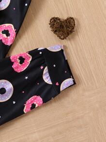 女大童甜甜圈和字母圖形睡衣套裝 - 黑色 - 查看 3