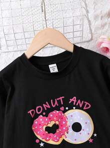女大童甜甜圈和字母圖形睡衣套裝 - 黑色 - 查看 4