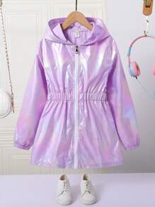 SHEIN Tween Girl Holographic Hooded Coat - Lilac Purple - View 1