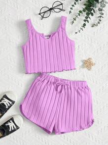 SHEIN Young Girl Notched Neckline Tank Top & Tie Front Shorts - Lilac Purple - View 1