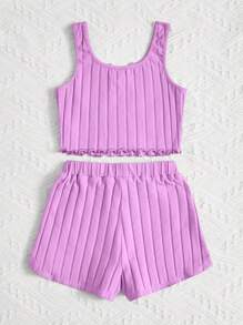 SHEIN Young Girl Notched Neckline Tank Top & Tie Front Shorts - Lilac Purple - View 2