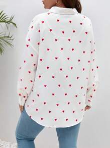 SHEIN Frenchy Plus Heart Print Drop Shoulder Shirt - White - View 2