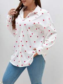 SHEIN Frenchy Plus Heart Print Drop Shoulder Shirt - White - View 3