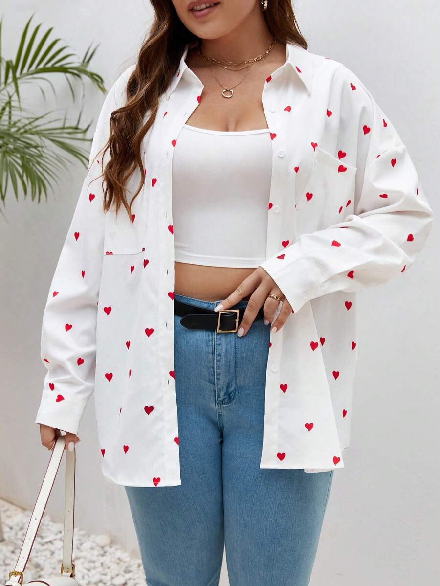 SHEIN Frenchy Plus Heart Print Drop Shoulder Shirt - White - View 1