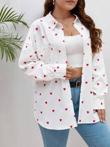 SHEIN Frenchy Plus Heart Print Drop Shoulder Shirt - White - View 6