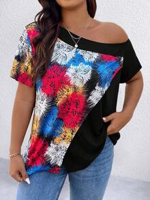 SHEIN LUNE 大碼圖案印花不對稱領T恤 - 彩色 - 查看 3