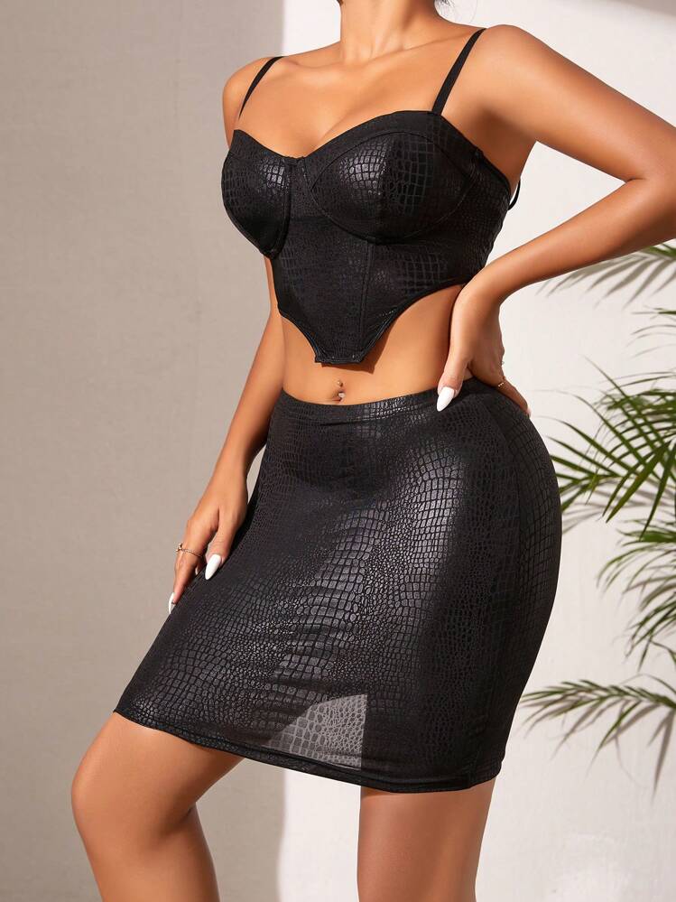 SHEIN SXY מרקם תנין בולט טופ גופיית אלכסון & חצאית צמודה - שחור - ראה 3