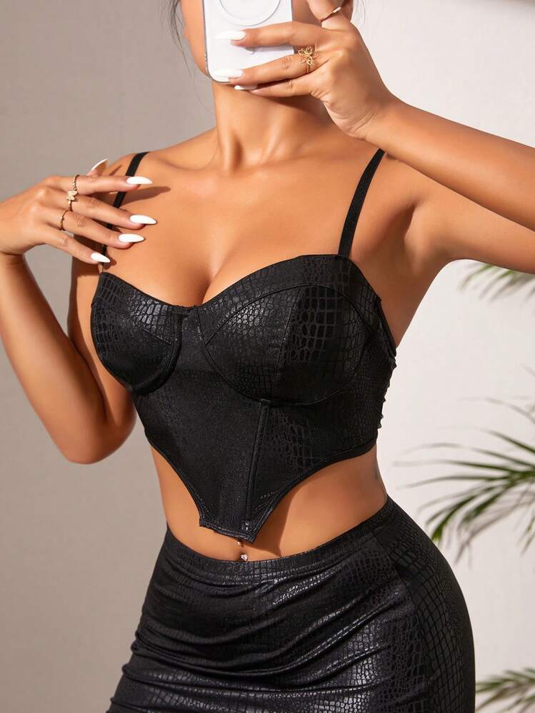 SHEIN SXY מרקם תנין בולט טופ גופיית אלכסון & חצאית צמודה - שחור - ראה 5