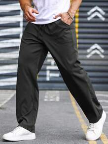 Manfinity Homme Quần ống đứng cạp rút dây rộng rãi cho nam, dành cho mùa thu - màu đen - Xem 5