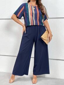 大碼條紋印花襯衫&闊腿褲 - 彩色 - 查看 1