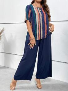 大碼條紋印花襯衫&闊腿褲 - 彩色 - 查看 3