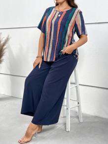 大碼條紋印花襯衫&闊腿褲 - 彩色 - 查看 6