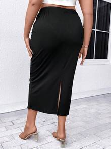 SHEIN LUNE Hơn Chất rắn Đồ đan Ribbed Váy bút chì - màu đen - Xem 2