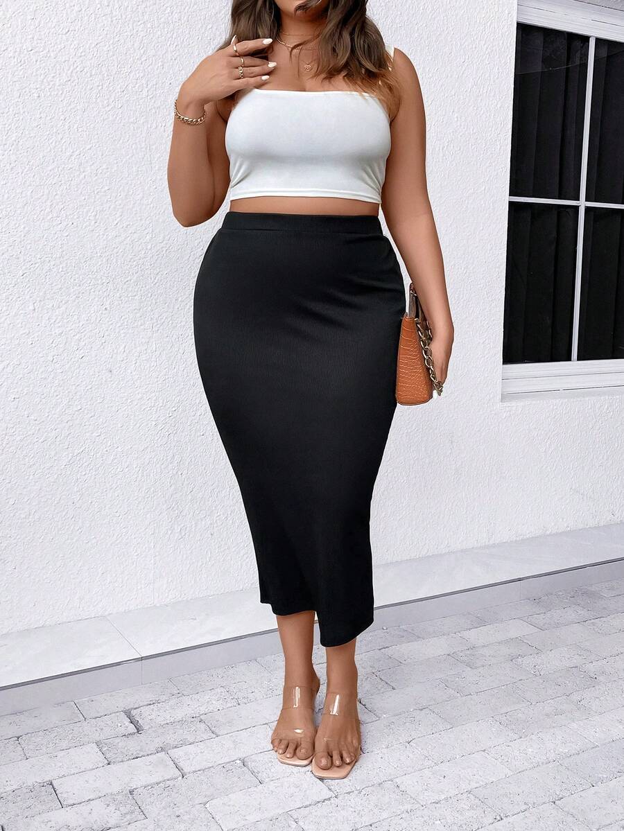 SHEIN LUNE Hơn Chất rắn Đồ đan Ribbed Váy bút chì - màu đen - Xem 1