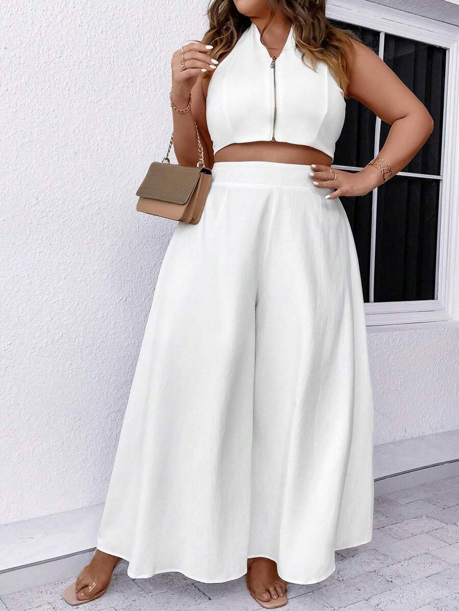 Calvaya Plus Solid Wide Leg Pants - White - View 1
