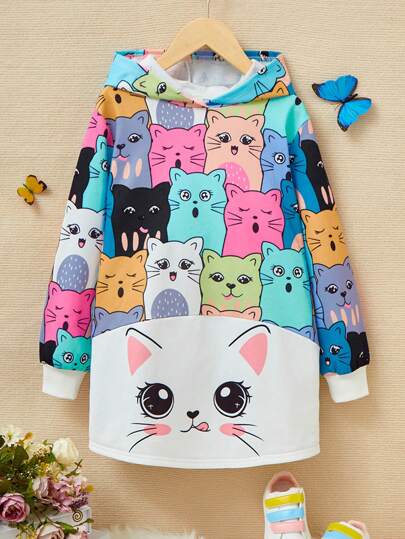 SHEIN Tween Girls' College Style Elegant Cat Print Loose Fit Long Sleeve Hooded Sweatshirt Dress,In Fall/Winter