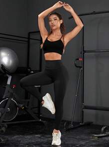 Powerista Solid Ribbed Knit Sports Bra - Black - View 3