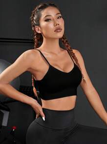 Powerista Solid Ribbed Knit Sports Bra - Black - View 4