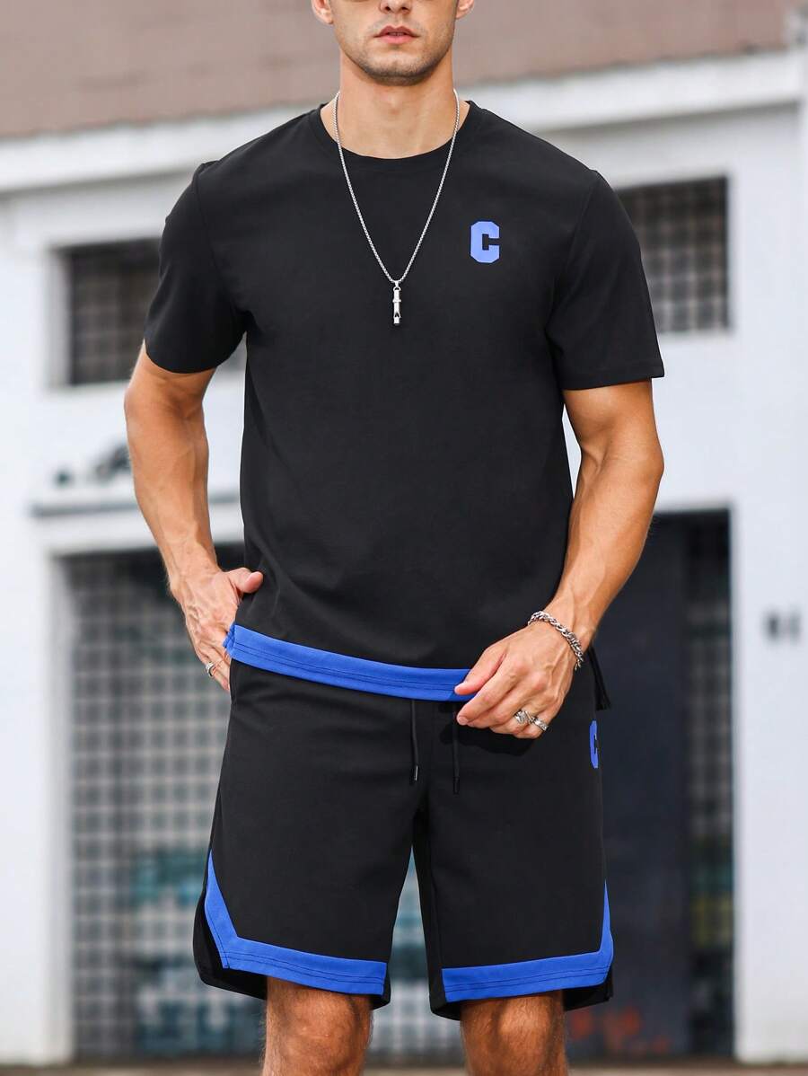 Aesthetic Post 男士字母圖案拼接邊T恤&腰部抽繩短褲 - 黑色 - 查看 1