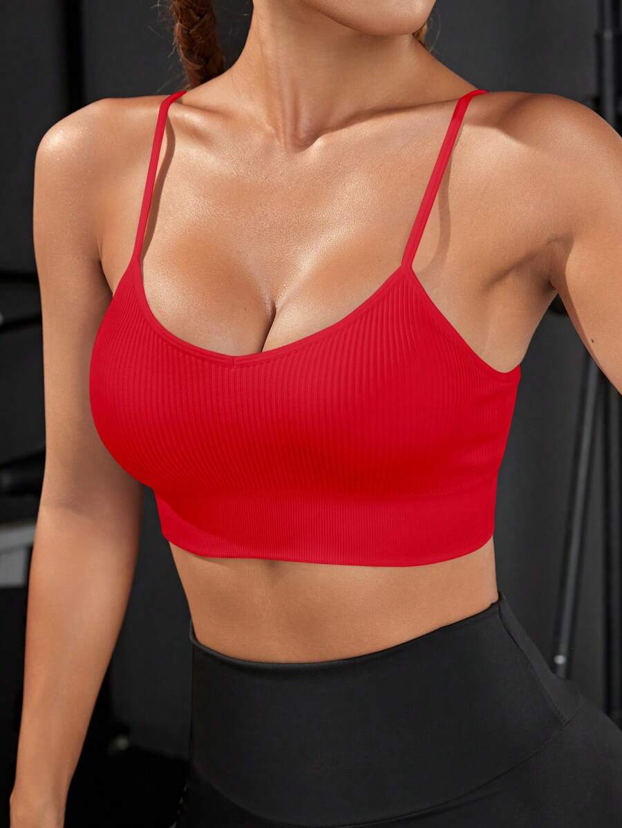 Easithlete Solid Ribbed Knit Sports Bra