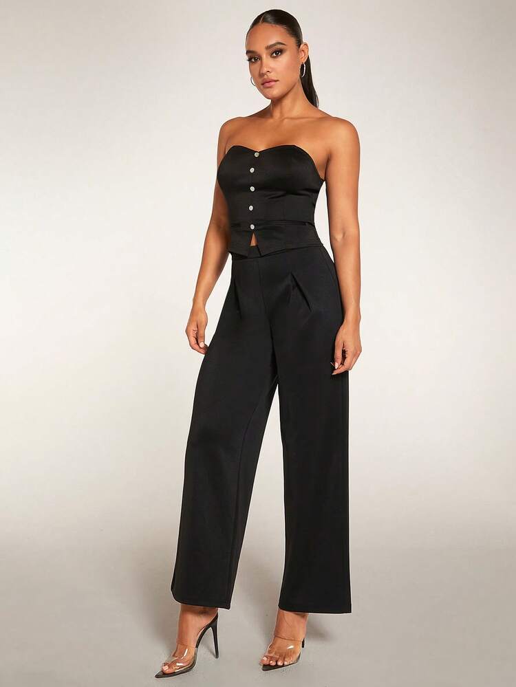 1pc Solid Fold Plicated Pants