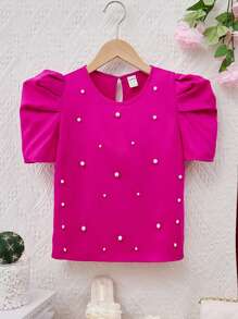 SHEIN Cô gái Lỏng lẻo Thanh lịch Đồ trang trí Ngọc Trai giả Lỏng lẻo phù hợp Vòng cổ Ống tay áo Áo sơ mi - Màu Hồng Tươi - Xem 1