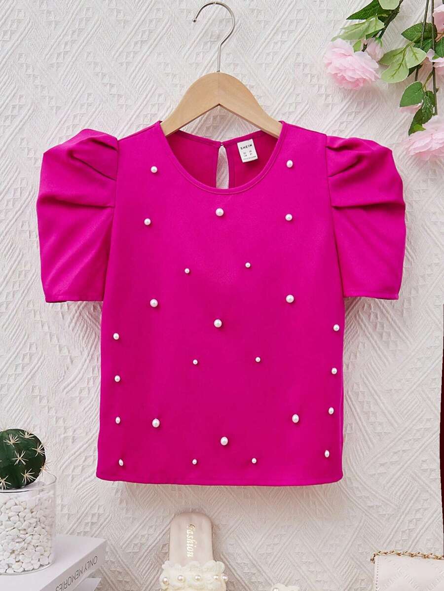 SHEIN Cô gái Lỏng lẻo Thanh lịch Đồ trang trí Ngọc Trai giả Lỏng lẻo phù hợp Vòng cổ Ống tay áo Áo sơ mi - Màu Hồng Tươi - Xem 1