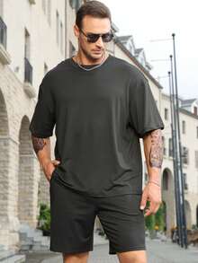 Manfinity EMRG Men Plus Slogan Graphic Drop Shoulder Tee - Black - View 3