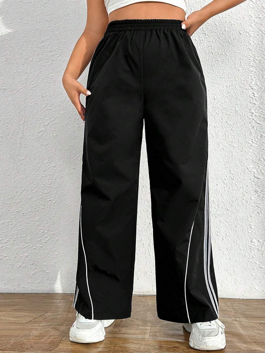 SHEIN EZwear Plus Contrast Piping Wide Leg Pants - Black - View 1