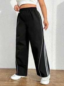 SHEIN EZwear 大碼拼接滾邊闊腿褲 - 黑色 - 查看 3