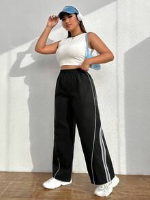 SHEIN EZwear 大碼拼接滾邊闊腿褲 - 黑色 - 查看 4