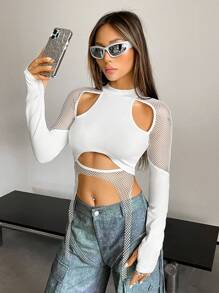 SHEIN X Danna Paola SHEIN ICON Top crop con abertura de malla bajo asimétrico