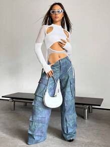 SHEIN X Danna Paola SHEIN ICON Top crop con abertura de malla bajo asimétrico