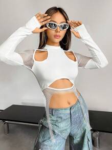 SHEIN X Danna Paola SHEIN ICON Top crop con abertura de malla bajo asimétrico